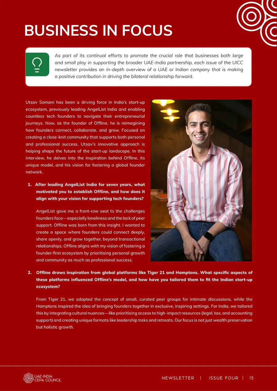 Newsletter, Issue Four, page 15: a red “Business in Focus” opener with a portrait of an entrepreneur.