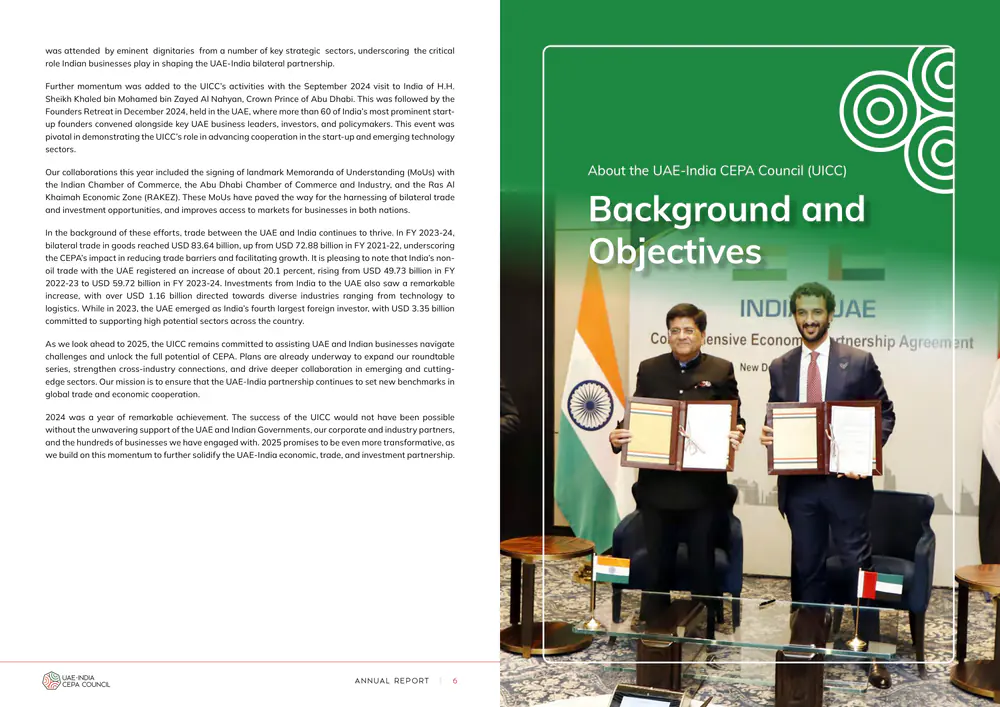 Annual Report 2024, pages 6–7: a text page beside a green section opener titled “Background and Objectives”, over a photo of officials holding signed agreements.