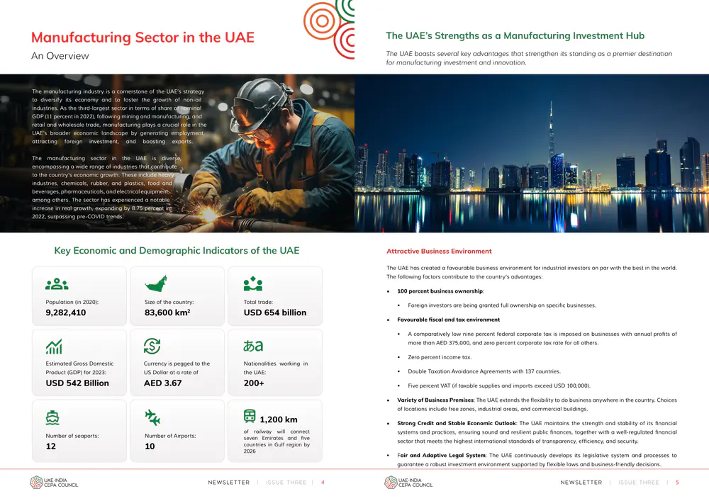 Newsletter, Issue Three, pages 4–5: a feature on the manufacturing sector in the UAE, with a city photo and key economic indicators as icons and figures.