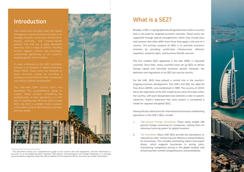 UAE Special Economic Zones (SEZs) Investor Guide, pages 4–5: an introduction in a gold panel beside a page titled “What is a SEZ?” with a photo of a city skyline.