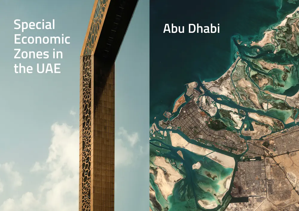 UAE Special Economic Zones (SEZs) Investor Guide, pages 10–11: a full-bleed opener titled “Special Economic Zones in the UAE” beside an aerial photo opening the Abu Dhabi section.