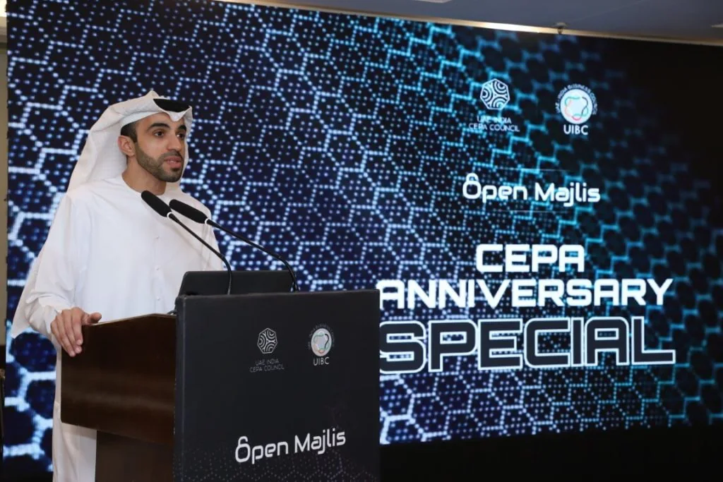 A speaker at a black lectern carrying the Council, UIBC and Open Majlis marks, in front of the LED loop reading “CEPA Anniversary Special”.