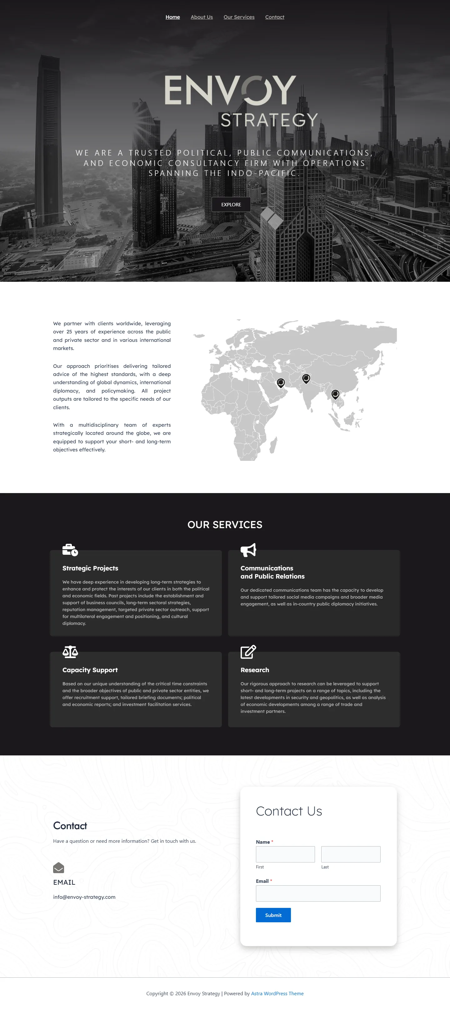 The Envoy Strategy home page on desktop: the off-white logo over a black-and-white skyline, an introduction beside a grey world map with location pins, four service cards on charcoal, and a contact form.