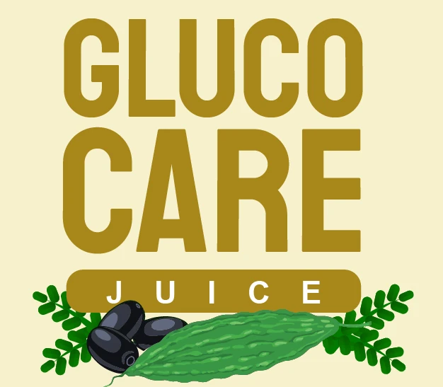 The GlucoCare logo: “GLUCO CARE” stacked in ochre-gold condensed capitals above a gold “JUICE” bar, with jamun and a bitter gourd drawn across it, on cream.