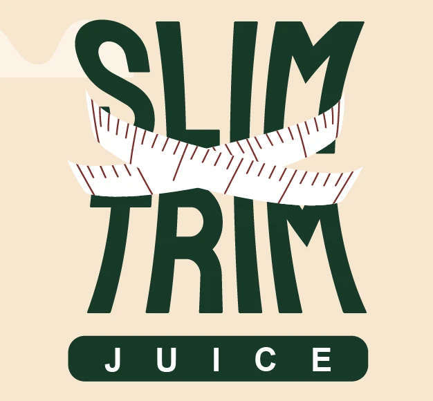 The Slim Trim logo: “SLIM TRIM” stacked in dark green condensed capitals with a white measuring tape wrapped across the letters, above a dark green “JUICE” bar, on peach.
