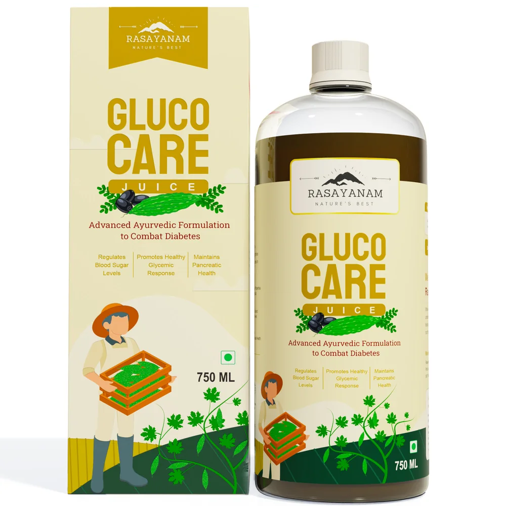 Mockup: the GlucoCare carton standing beside its bottle, both showing the front, on white.