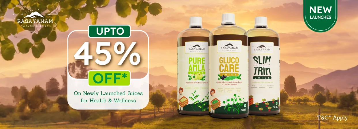 Wide banner: the Pure Amla, Gluco Care and Slim Trim juice bottles in a farm landscape at sunset, with “Upto 45% off on newly launched juices” and a “New launches” badge.