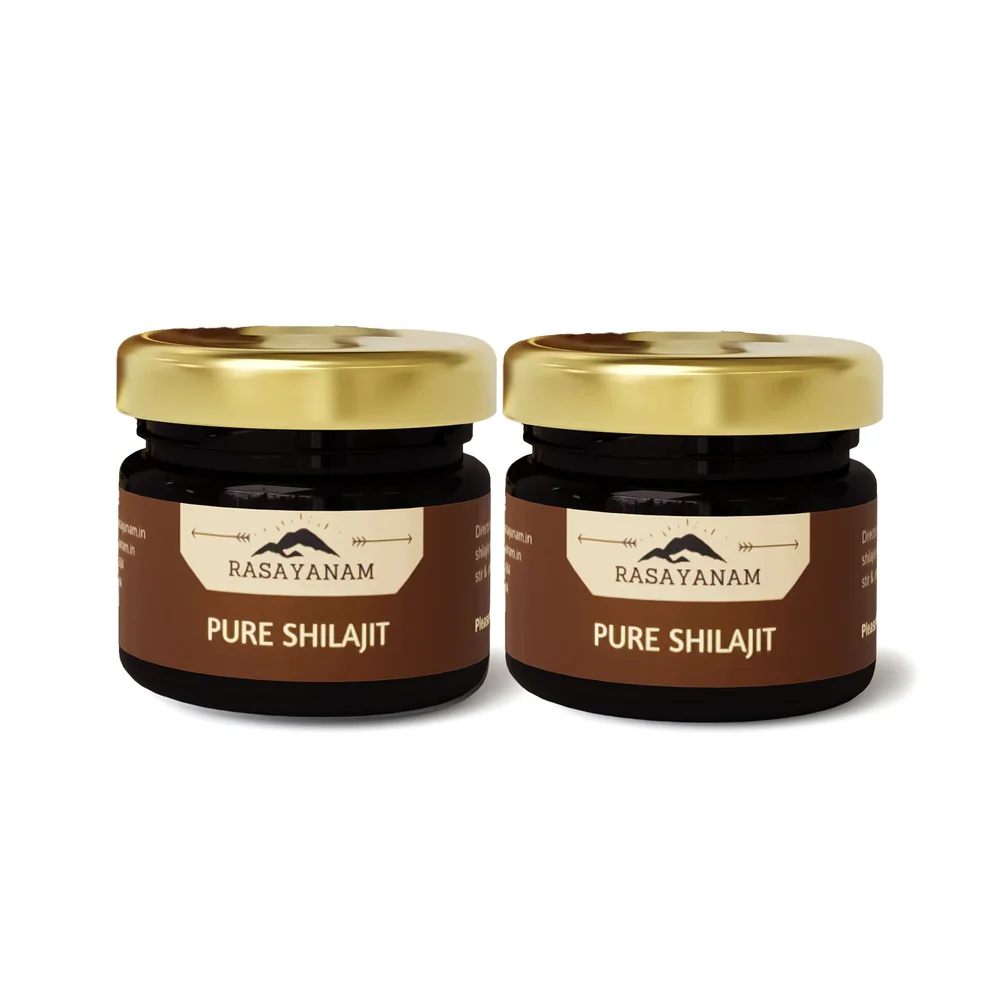 3D render of two Pure Shilajit jars with gold lids and brown labels.