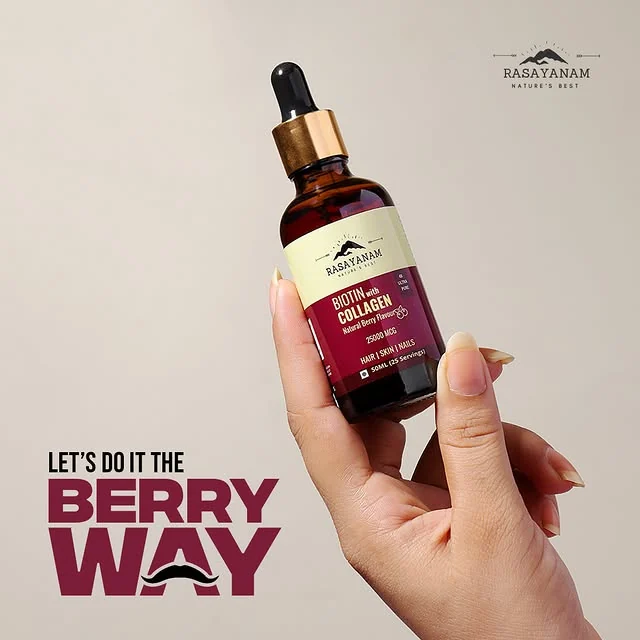 A hand holding the biotin and collagen dropper bottle, with “Let’s do it the Berry Way” in large maroon type.