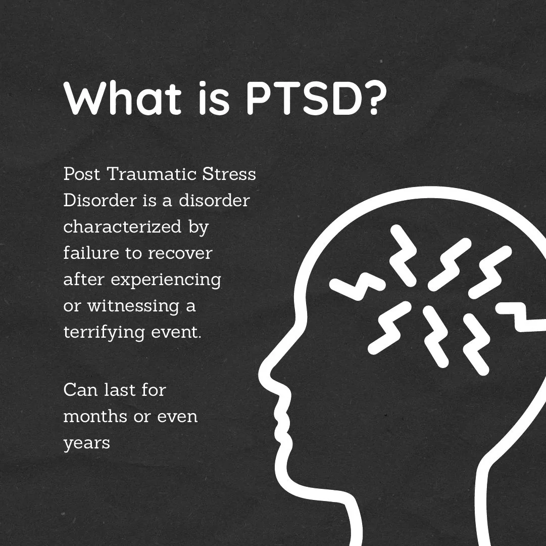 White text on a dark paper texture, “What is PTSD?”, with a short definition beside a line drawing of a head with jagged lines inside.