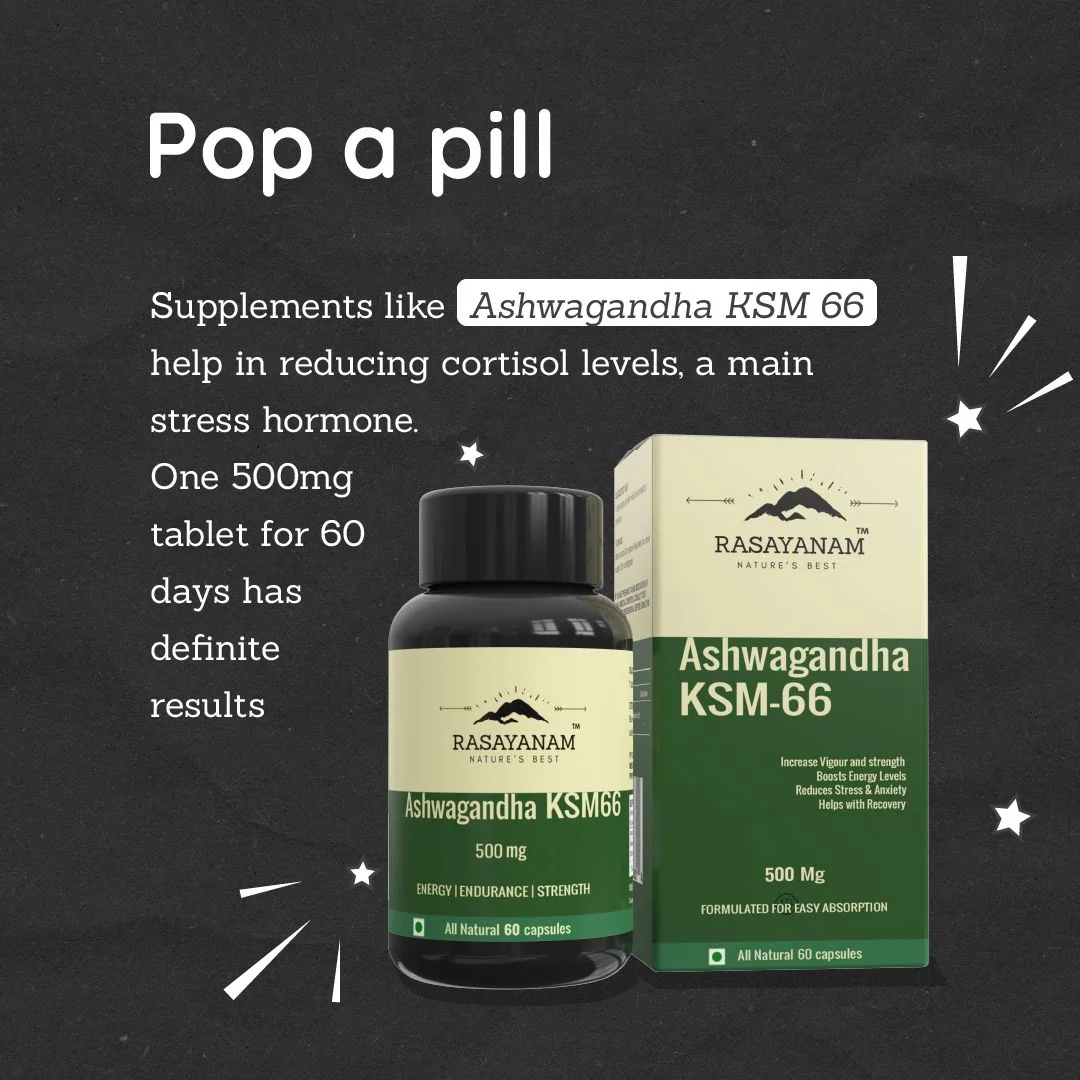 “Pop a pill”: the Rasayanam Ashwagandha KSM-66 bottle and box on the dark texture, with copy about the supplement.