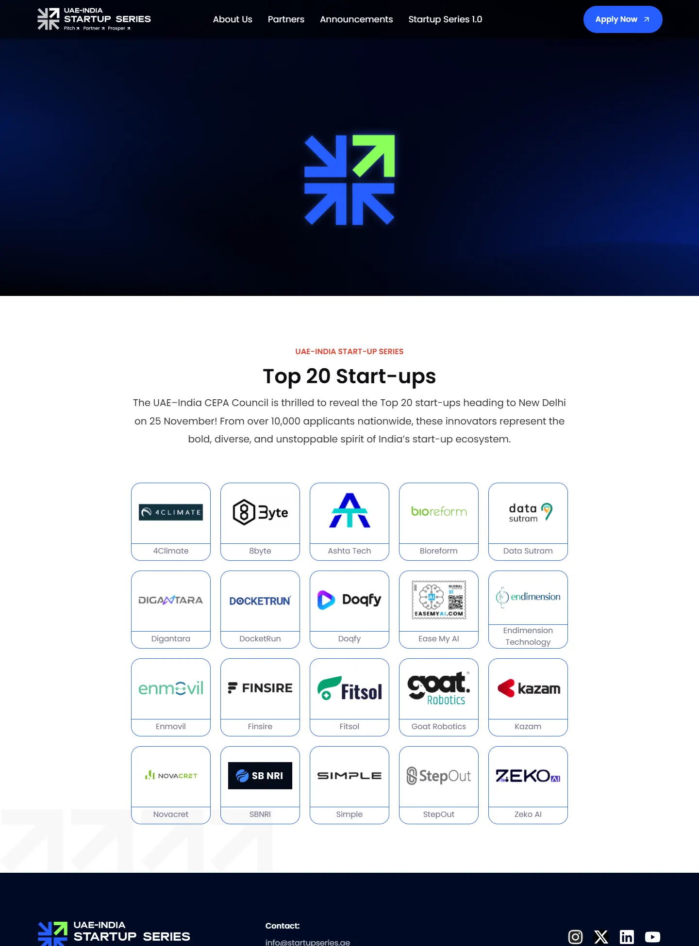 The Top 20 Start-ups page on desktop: a short introduction, then a grid of start-up logos, each in an outlined card with its name.