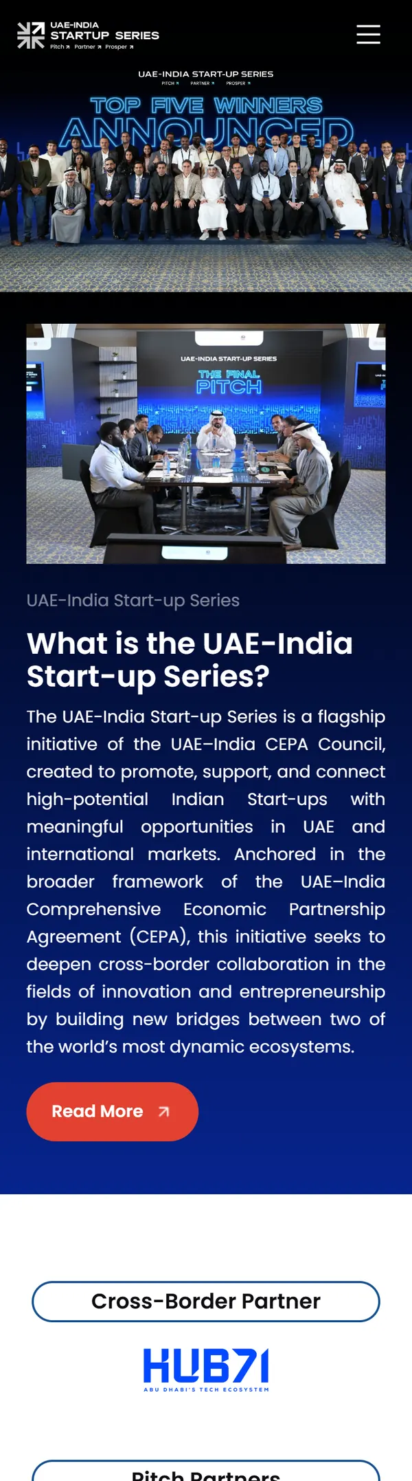 The Start-up Series 1.0 page on a phone: the winners’ banner photo, a photo of the final pitch and the introduction to the Series.