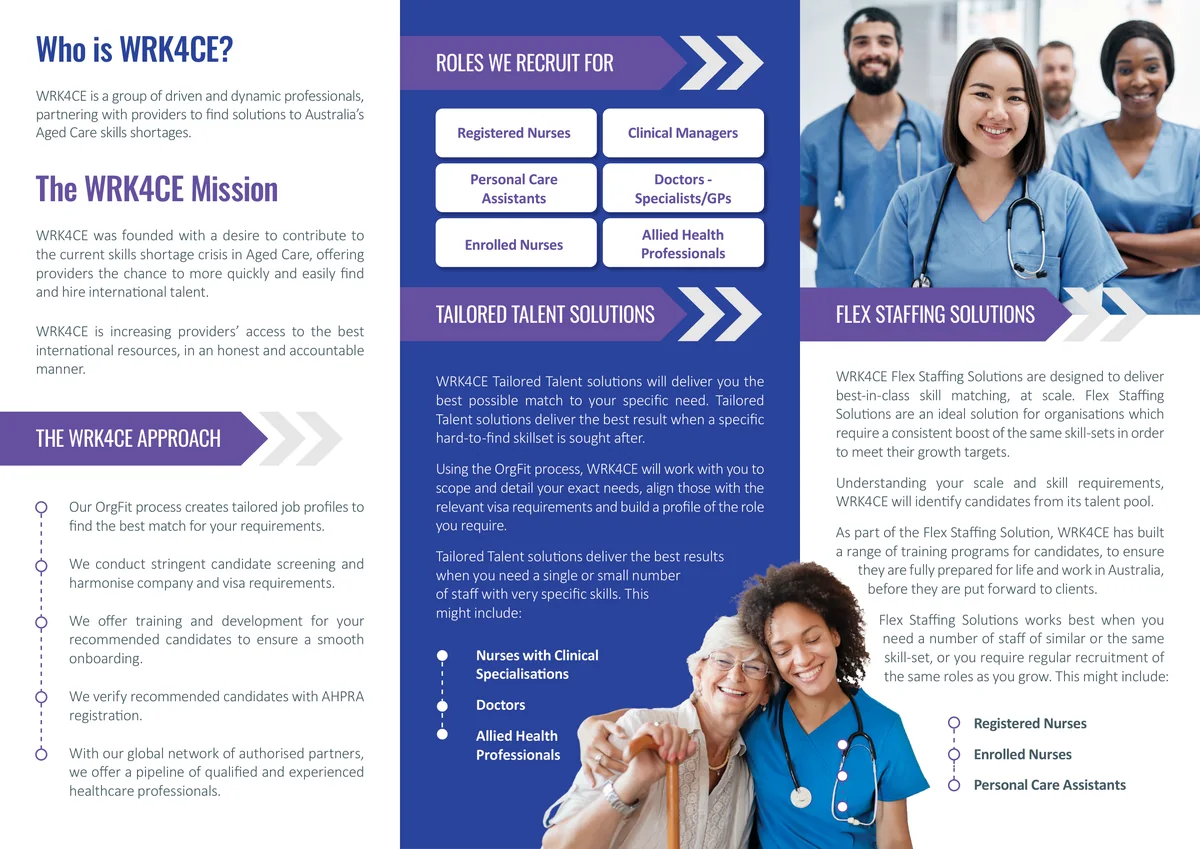 The inside spread: “Who is WRK4CE?”, the mission and the approach as a dotted timeline, the roles they recruit for as rounded buttons on blue, and two service columns under purple chevron banners, with photos of healthcare staff.